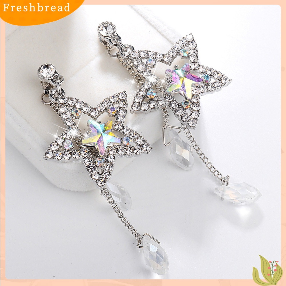 [Fresh] Anting Tusuk Gantung Desain Bintang Hollow Hias Berlian / Rumbai Berkilau untuk Wanita
