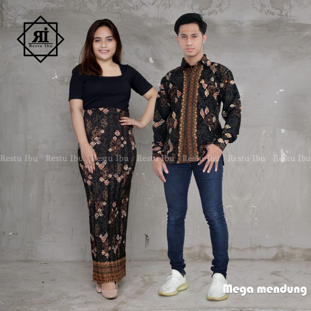 BAJU KEMEJA LENGAN PANJANG ROK PLISKET KEBAYA MOTIF BATIK ASOKA BLACK COUPLE BAHAN PREMIUM