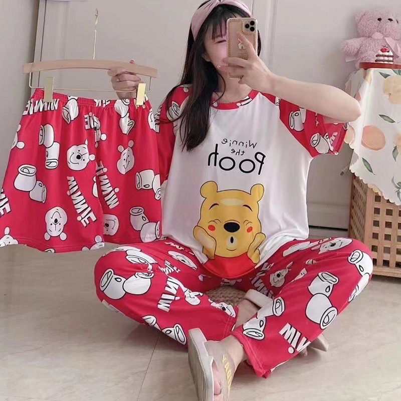 JC- Stelan Oversize 3in1 Import / Piyama 3in1 / Piyama Korea wanita terbaru Murah-3in1 Cute Pooh WRed