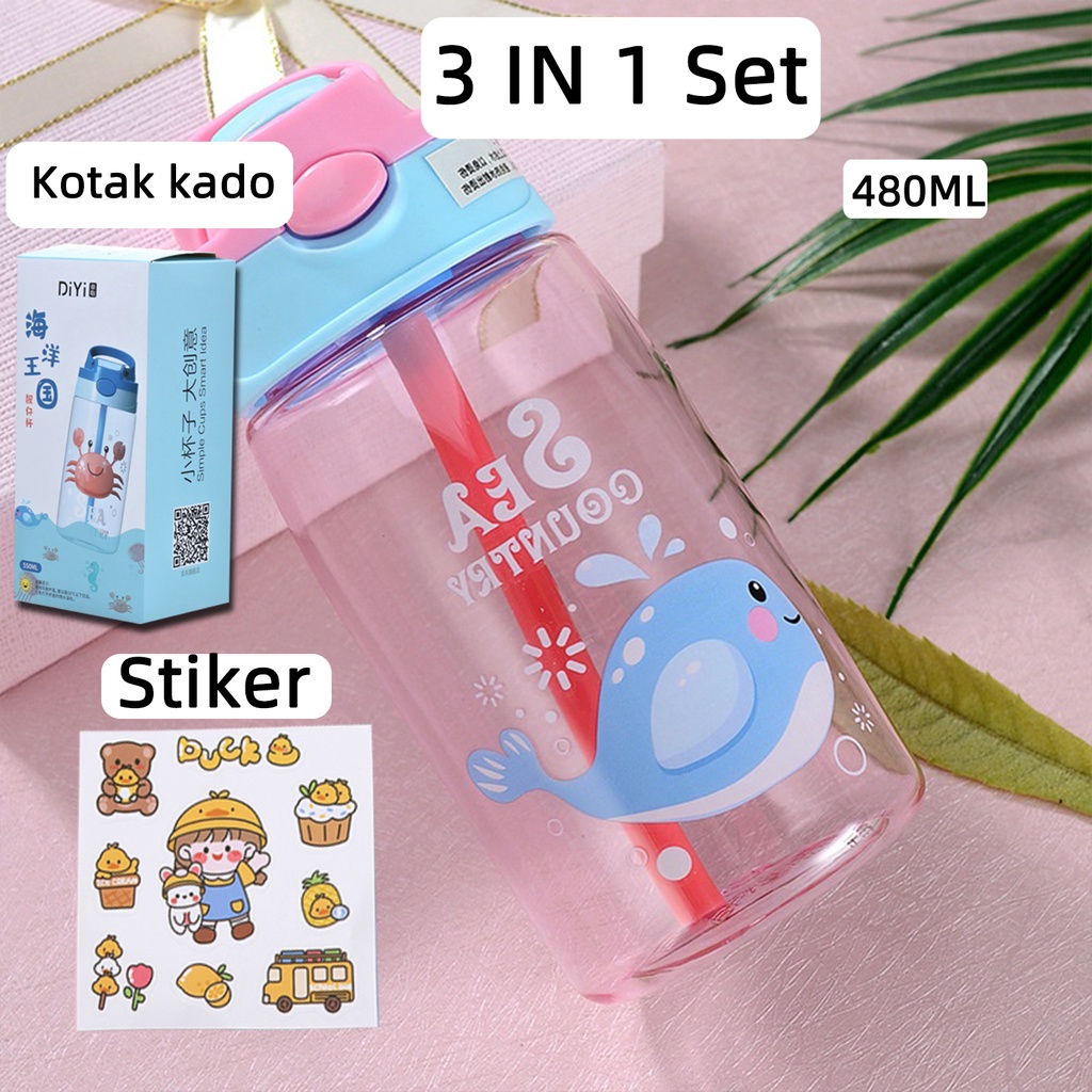 Botol Minum Anak Desain Unik Variasi Motif Karakter terdapat Sedotan BPA FREE bottol minum sedotan cangkir jerami cangkir plastik lucu cangkir kartun portabel 480ML 1000ML-paus 3 IN 1