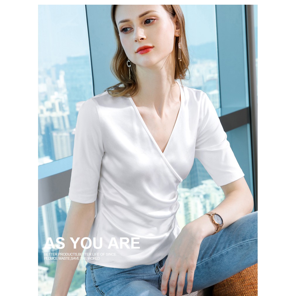 【Moon Blush】Korean Halus Lembut Solid Fold V-neck Satin Blouse 7237