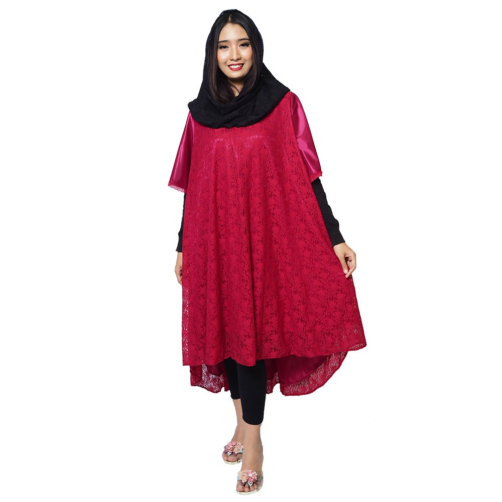 FOLVA tunik baju muslim satin lebaran lace 1133RGM merah all size