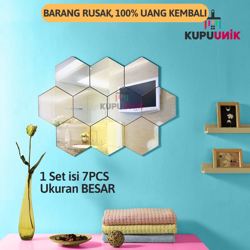(ISI 7pcs) Kaca Hexagonal Mirror Wall Sticker Stiker Hiasan Dinding