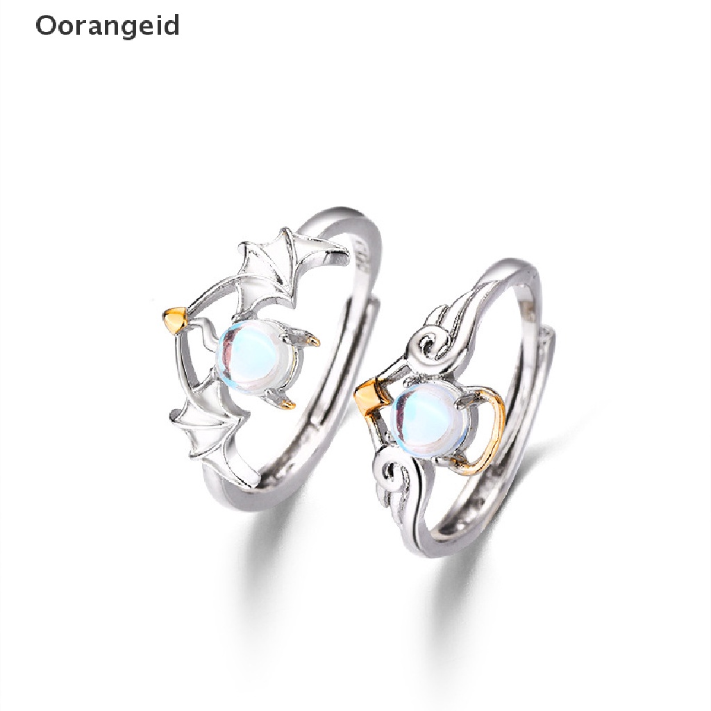 2022 Cincin Pasangan Desain Angel Devil Moonstone Warna Silver Untuk Pria Dan Wanita