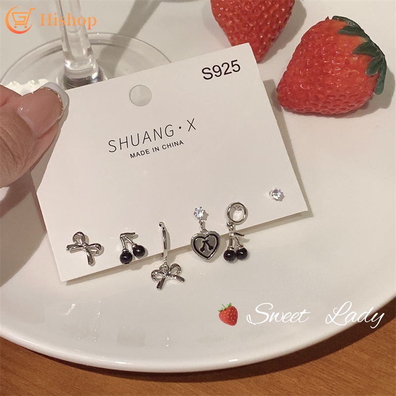 Set Anting Tusuk Silver Desain Cherry Hitam Hias Kristal Untuk Wanita