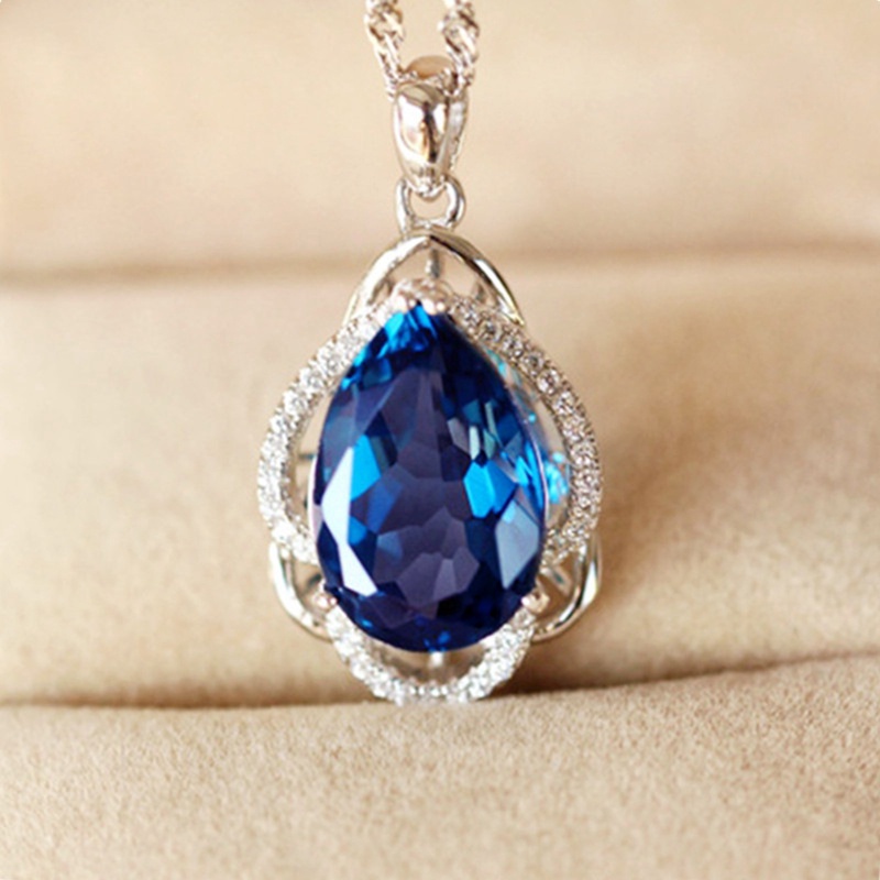 Kalung Liontin Water Drop Cubic Zirconia Biru Untuk Wanita