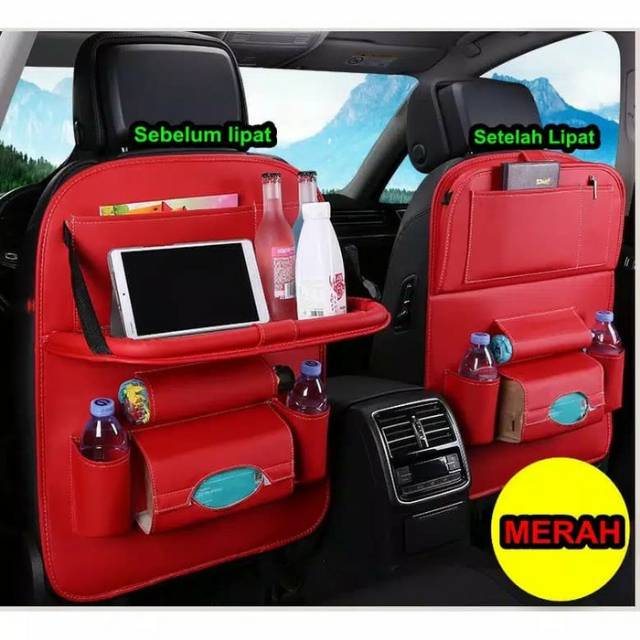 Car Seat Organizer Plus Meja Lipat Tas Multi Fungsi Belakang Jok KULIT Premium