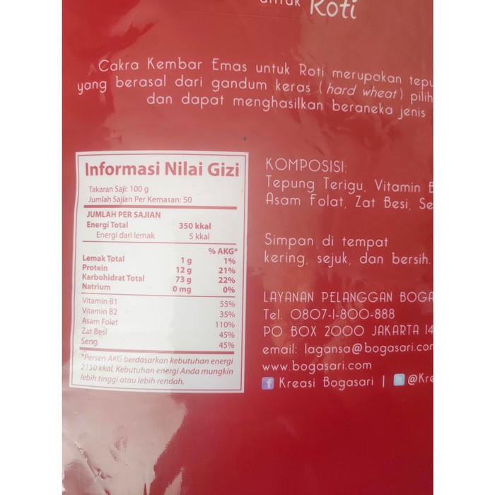 

cs01477 Tepung Cakra Kembar Roti 5 Kg - Flour Bogasari Untuk Tinggi Protein Da01D100