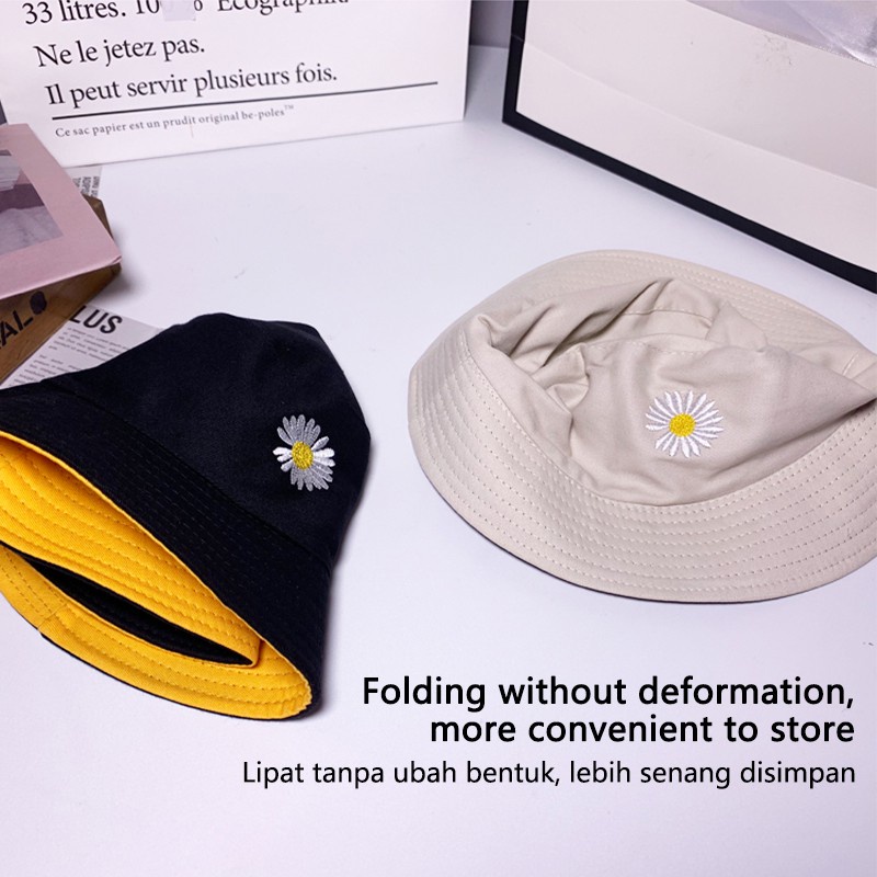 Topi Bucket Nelayan Motif Bordir Bunga Daisy Dua Sisi Warna Macaron Untuk Unisex