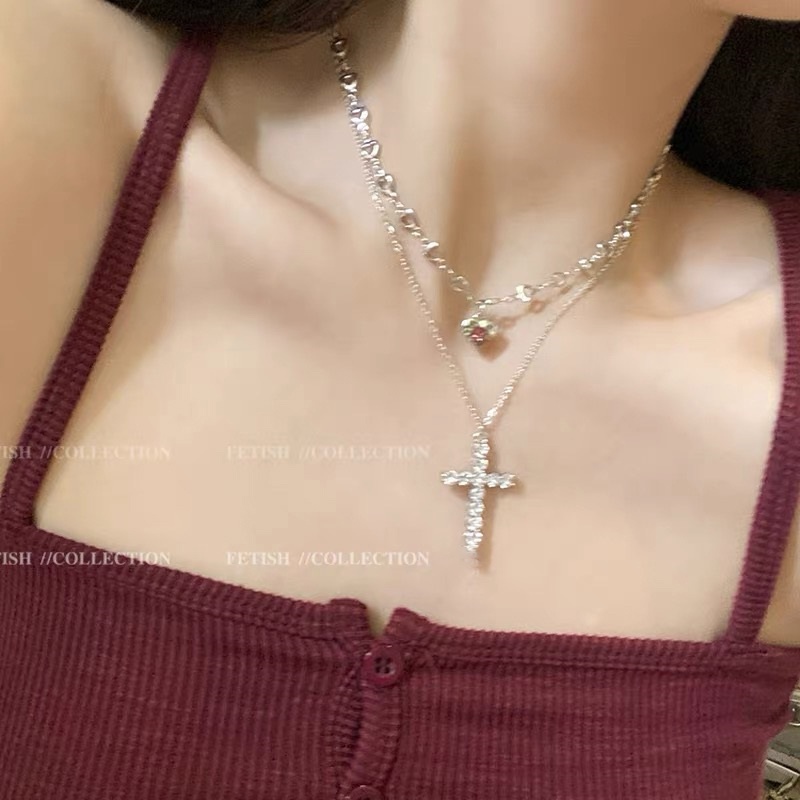 YEEZII Kalung Rantai Choker Liontin Salib Hati Kristal Ganda Bahan Logam Warna Silver Untuk Aksesoris Perhiasan Wanita