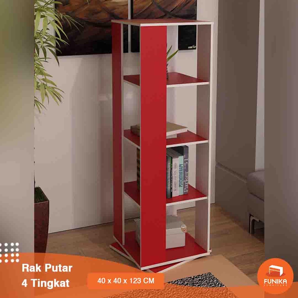 Funika 22002 RD/WH - Rak Putar 4 Tingkat / Rak Serbaguna 4 Susun / Rak Minimalis / Rak Buku Kayu / B