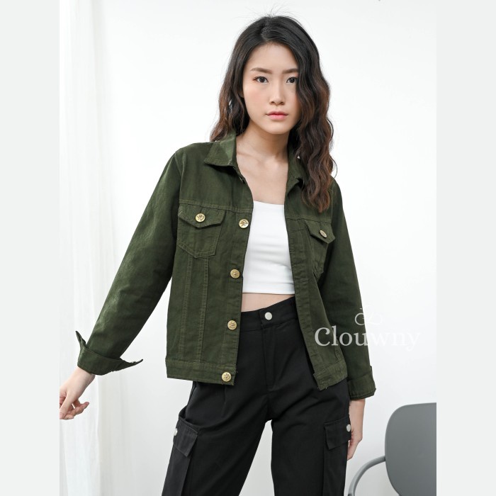 Jaket Wanita Clouwny - colour jacket - jacket wanita - jaket jeans wanita - Army(X7T6) ORIGINAL Jake