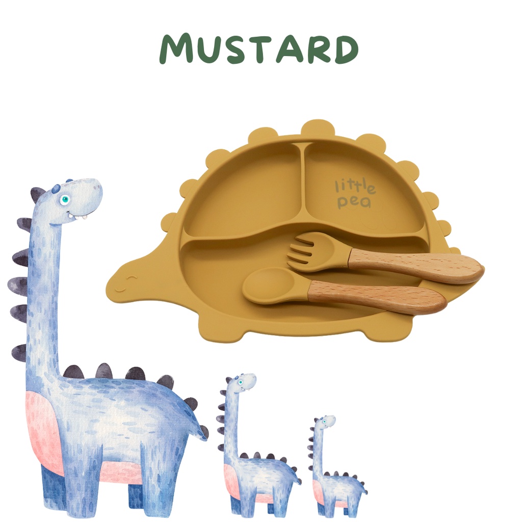 Little Pea Dinosaur Suction Silicone Plate | Piring Silikon Dino dengan suction-Mustard