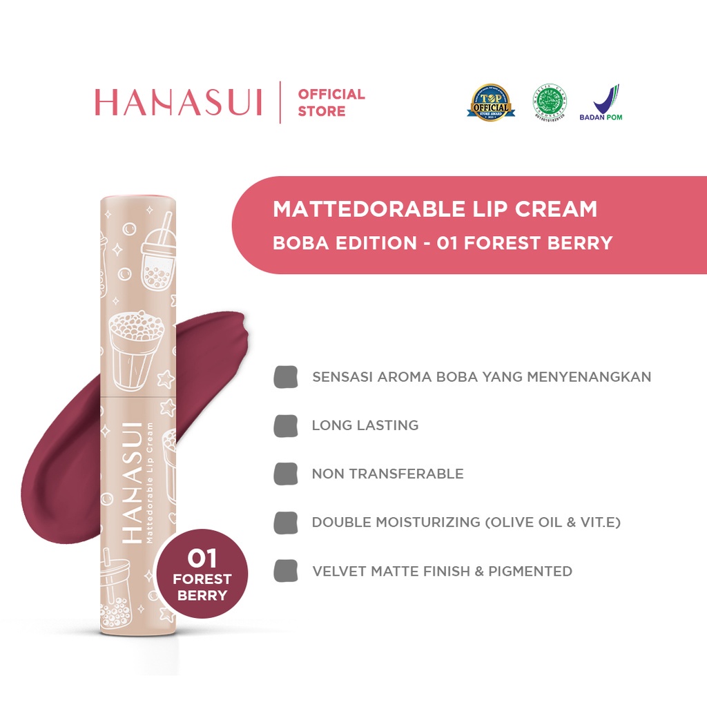 ⭐️ Beauty Expert ⭐️ HANASUI MATTEDORABLE LIPCREAM - HANASUI LIP CREAM BOBA EDITION FOREST BERRY BROWN SUGAR  SALTED CARAMEL PINK LAVA CREAMY PEACH HAZELNUT LATTE