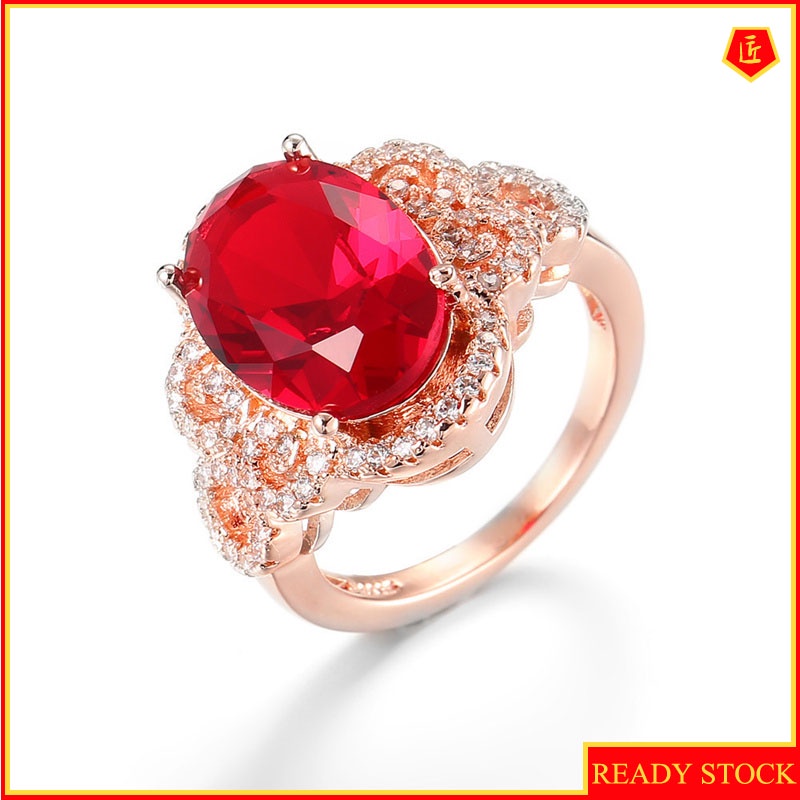 [Ready Stock]Fashionable High-End Ruby Diamond-Studded Ring Rose Gold Pattern