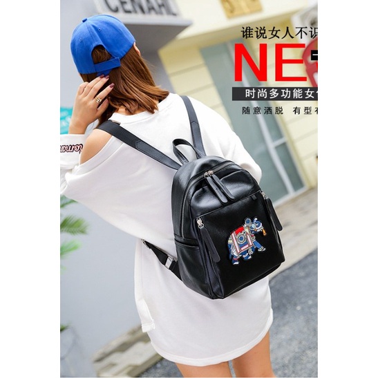 GT 1507 RISCE TAS RANSEL BLACK MOTIF GAJAH ELEPHANT KULIT IMPORT WANITA CEWEK PEREMPUAN JAKARTA BATAM