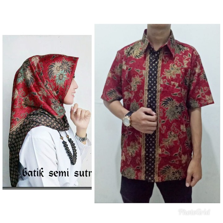 SB Collection Couple Jilbab Segi Empat Monika Hijab Kerudung Dan Kemeja Batik Pria