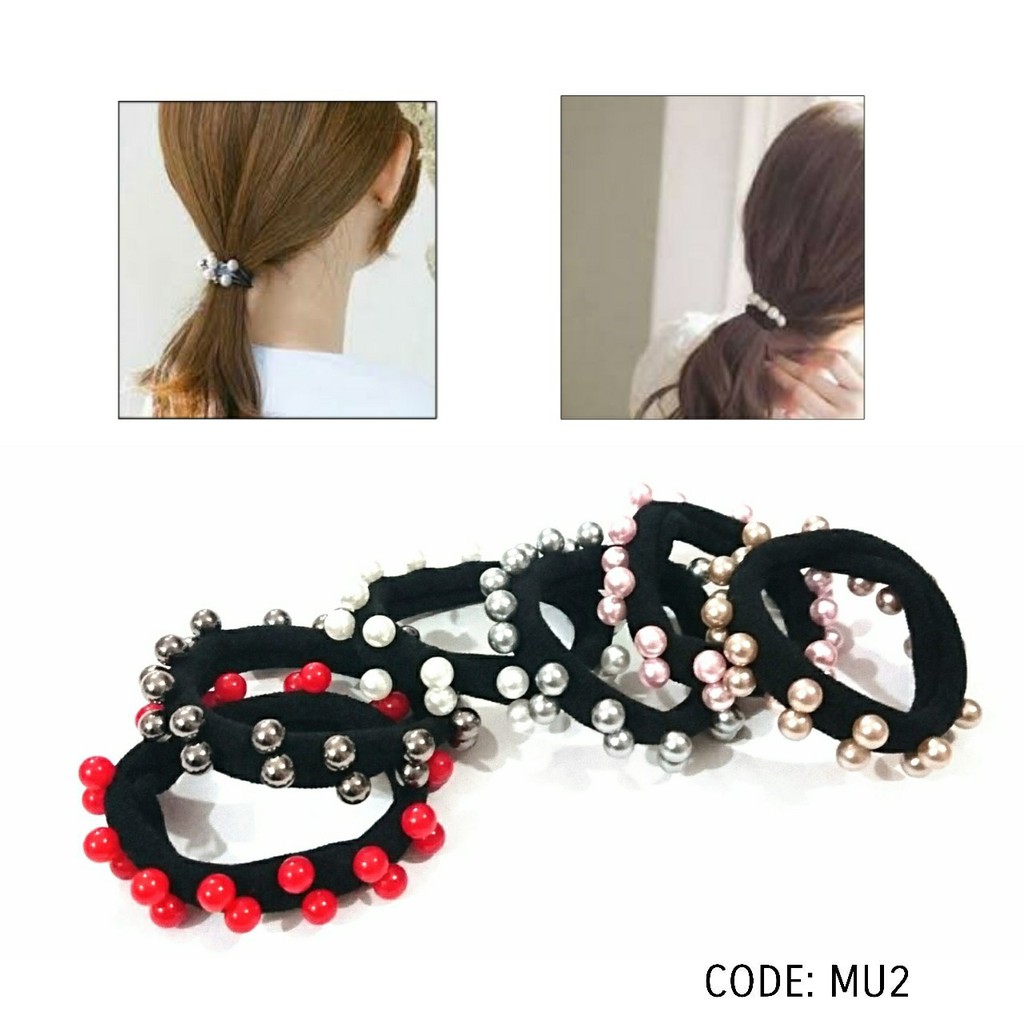 ikat rambut + gelang mutiara 2 baris mu2 karet donat ikat rambut