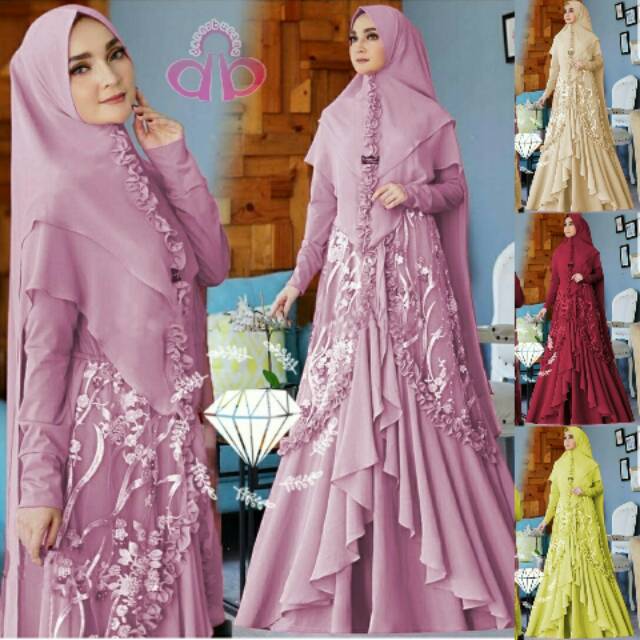 GAMIS SYARI BRUKAT NIRINA SET KHIMAR BAHAN MOSCREPE KOMBI LAYER BRUKAT TILE IMPORT GAMIS BRUKAT