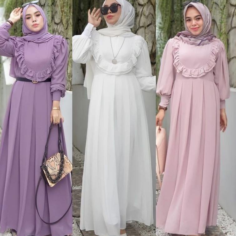 Terbatas.. [Fashion Muslim] Gamis ANISA DRESS ruffle ceruty | polos | luna full furing terbaru 95