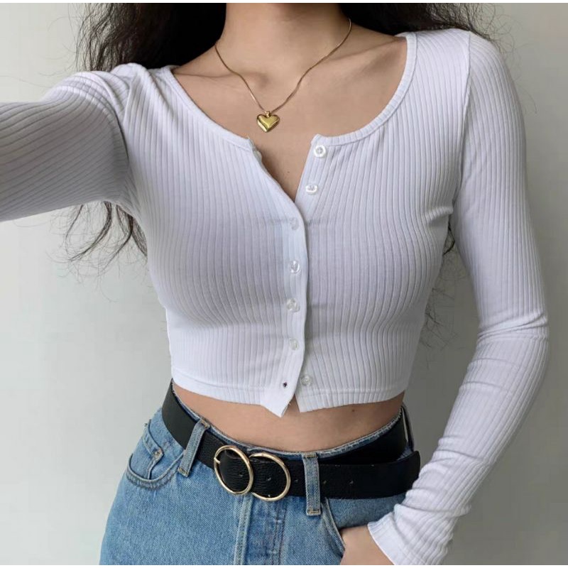 Blairs - atasan wanita cewek lengan panjang berlengan cardigan outer crop top rajut warna putih impo