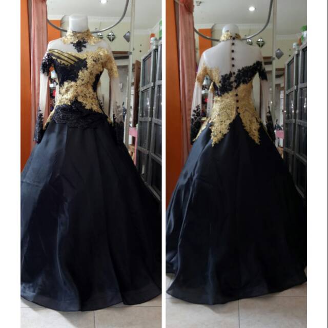 Gaun  pengantin/ gaun pesta/gaun preewed/gaun kebaya pengantin hitam gold organza