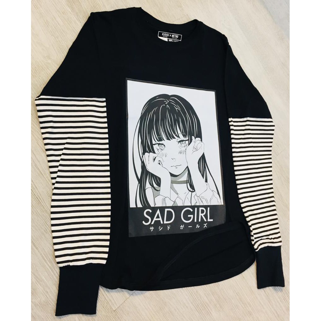 Longsleeve Double Layer Sad Girls Streetwear Oversized Black Anime Character Premium