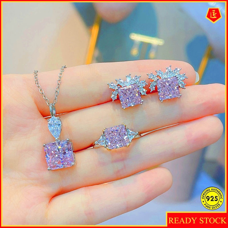 Pink Diamond Necklace Female Clavicle Chain Ice Flower Ear Stud and Ring Suit