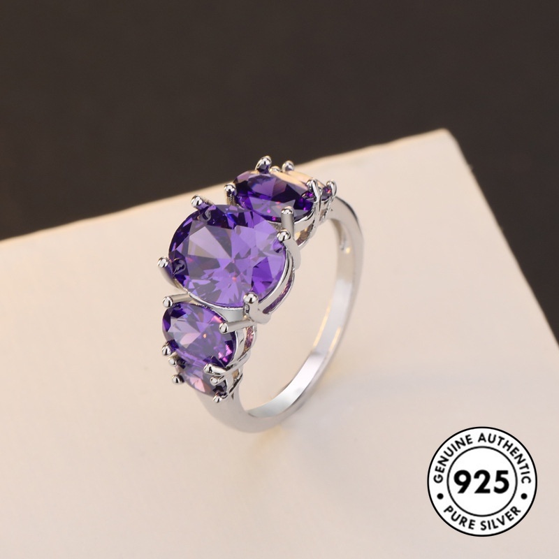 Cincin Sterling Silver 925 Simple Elegan Dengan Batu Amethyst Untuk Wanita