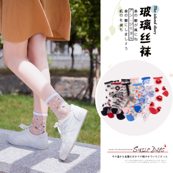 KKT 91-100 Kaos Kaki Korea Transparan Kekinian Motif Party Mulut Segitiga Acak