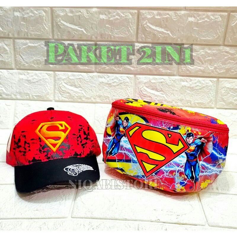 paket 2in1 superman tas slempang anak topi anak bordir full print waistbag anak topi anak