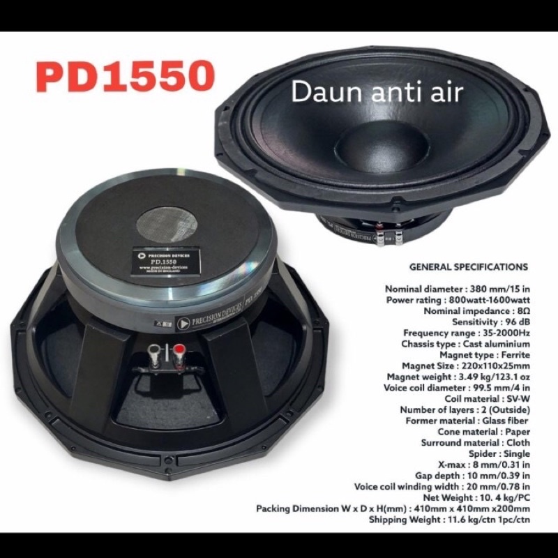 Speaker Precision komponen Devices PD1550 pd 1550 15inch vc 4in komponen speaker