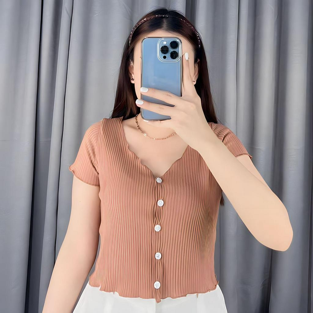 Crop kancing V-Neck Lengan pendek Bahan rib rajut / Cardigan crop top kardigan