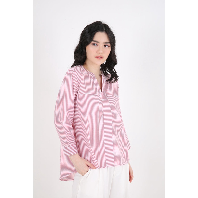 Sorabel - Kenyia Stripe Collar Neck Basic Blouse / Kemeja Wanita Lengan Panjang-1