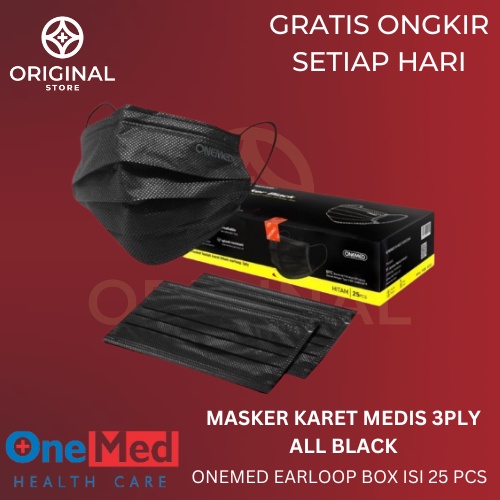 Masker Karet Medis 3ply All Black Onemed earloop hitam Box Isi 25