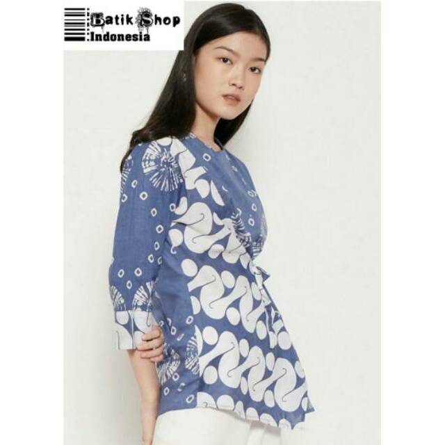 Blus Heyna Batik Modern Ziggy Tali Baju Atasan Kerja Kantoran Casual Blouse Indigo Blue