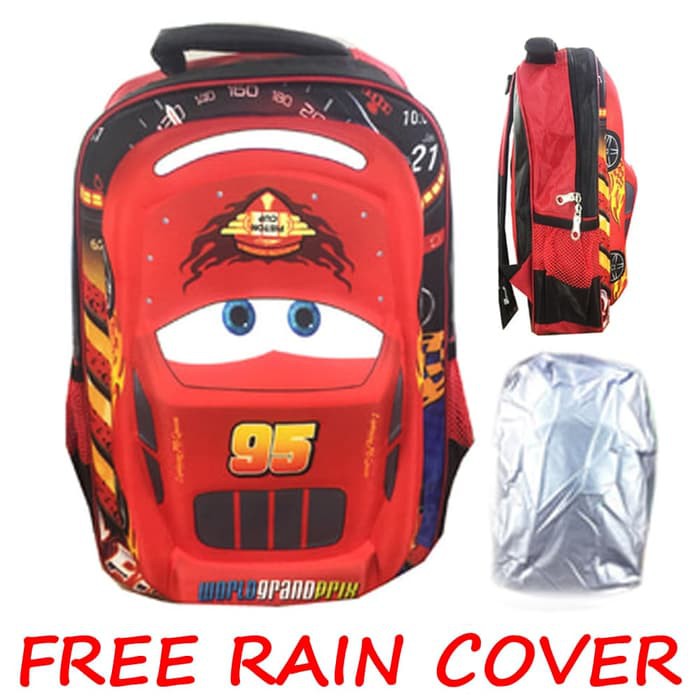 TAS ANAK BRANDED SD PAUD FREE RAIN COVER RANSEL SEKOLAH ANAK SD CARS 3D TIMBUL