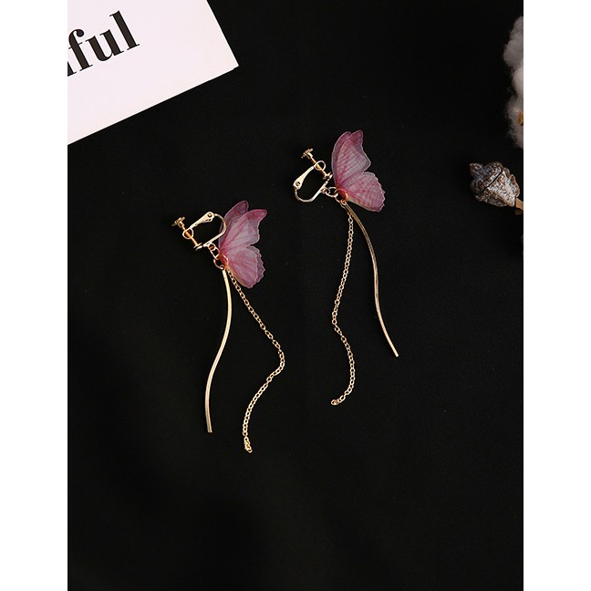 LRC Anting Jepit Fashion Pink+gold Color Butterfly Shape Decorated Earrings