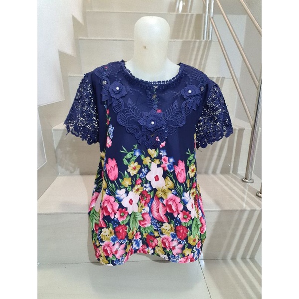Blouse Brukat Bunga Renda Combi Brukat Impor XL-2XL-231 - Navy Ld 104