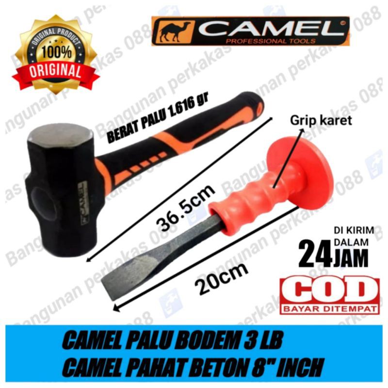 PAKET Palu Batu Bodem- Palu Batu 2LB Dan 3LB + Pahat Beton Grip Karet 8 inch