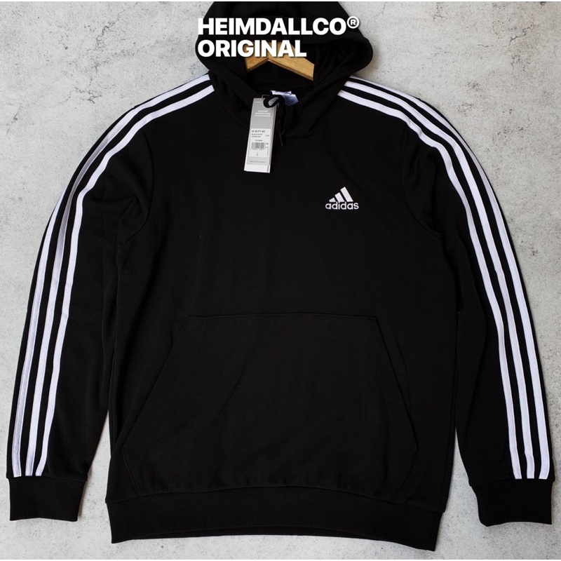 ADIDAS ESSENTIALS FRENCH TERRY 3 STRIPES HOODIE BLACK WHITE ORIGINAL GK9062