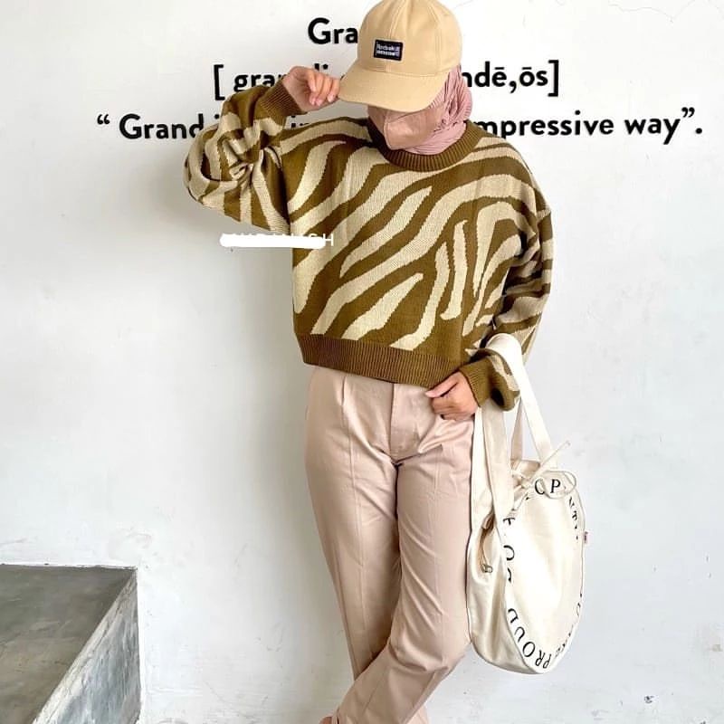 Sweater Arabelle Croope / Sweter Rajut Wanita Motif Zebra Lengan Panjang Model Croptop Aesthetic Korean Style