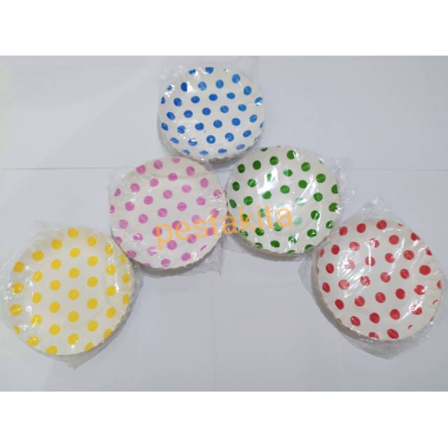 { 10 pcs } Piring Kertas Motif Polkadot / Piring Kue / Piring Tart / Mix Warna / Tidak Bisa Pilih