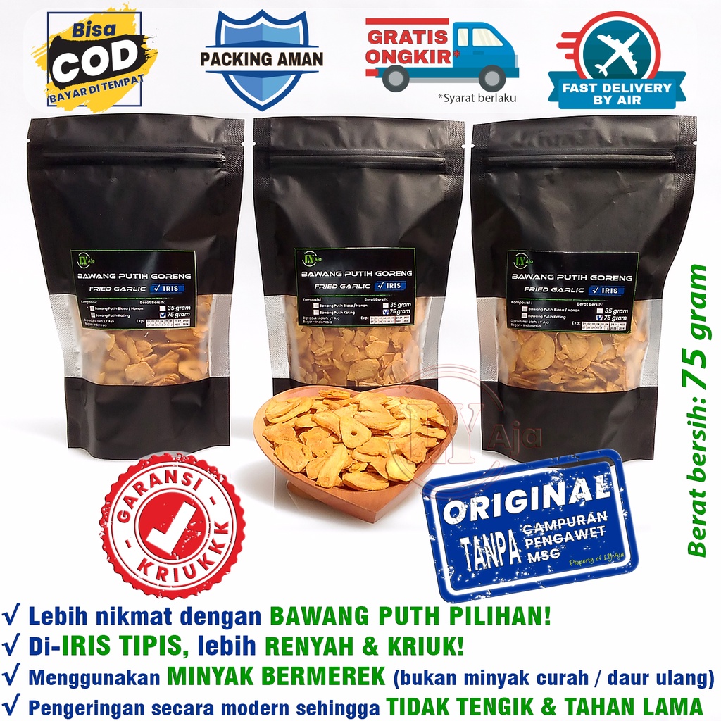 Bawang Putih Goreng Iris 75 Gram Asli Grade A Premium LY Aja Murni Honan Kating Tanpa Tepung 75 Gr