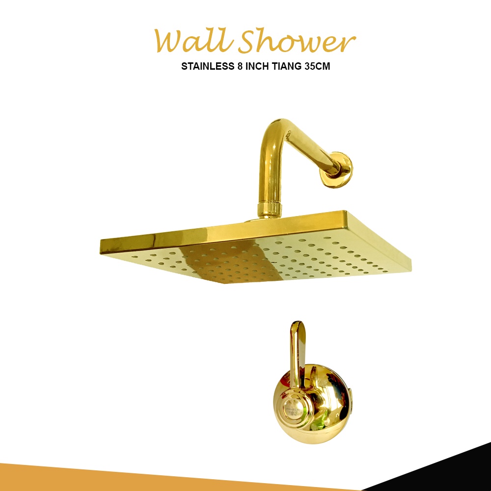 Wall Shower Set Gold Stainless Shower Dinding Paket Kran Tanam Kuningan /  Shower Tanam Gold Pancuran Hujan Deras