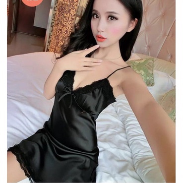 BRI* BT003 Baju Tidur Piyama Wanita Korea Sexy Mini Dress Women Silk Satin Nightdress cod-HITAM