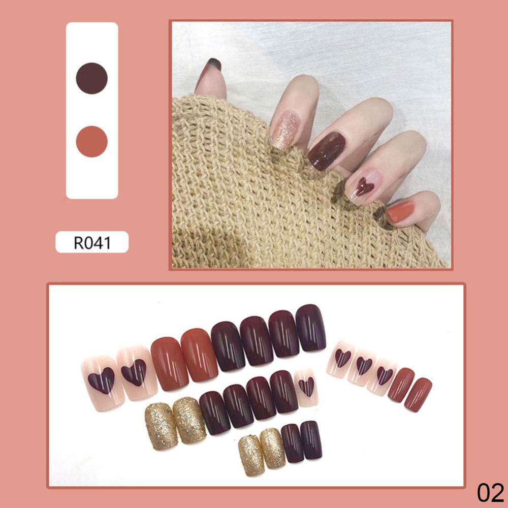 Timekey 24pcs / Set Kuku Palsu Full Cover Motif Bunga Aster Matte Dengan Lem Untuk Nail Art A7K4