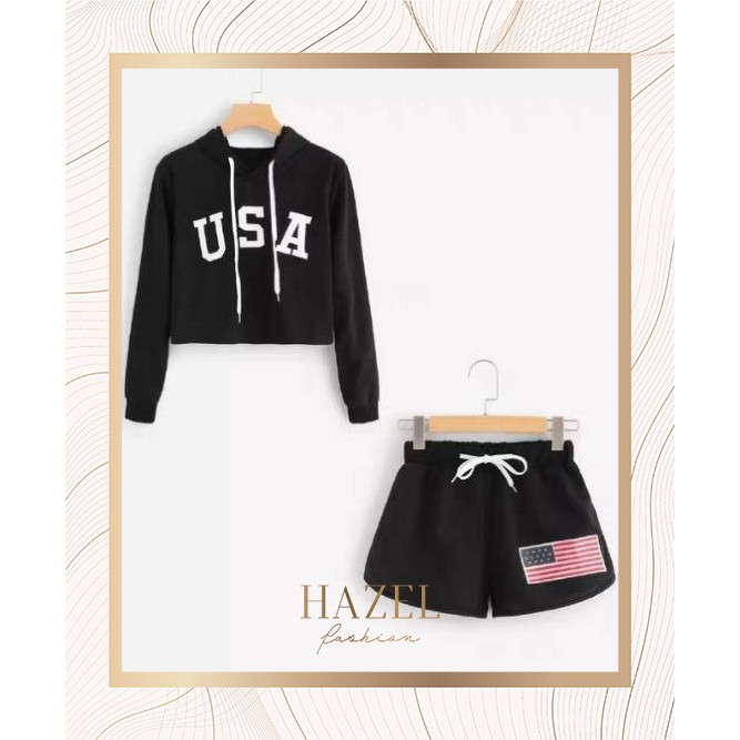 Setelan Wanita Sporty Olahraga Celana Pendek Hoodie Murah Simple