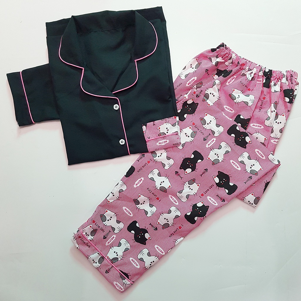 Stelan Baju Tidur Piyama Dewasa Lengan Panjang All Size Motif Lumina-PPL CAT PINK COMBINA