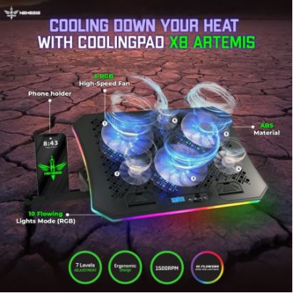 Cooling pad laptop gaming nyk 6 fan rgb adjustable panel control with stand holder phone artemis x-8 x8